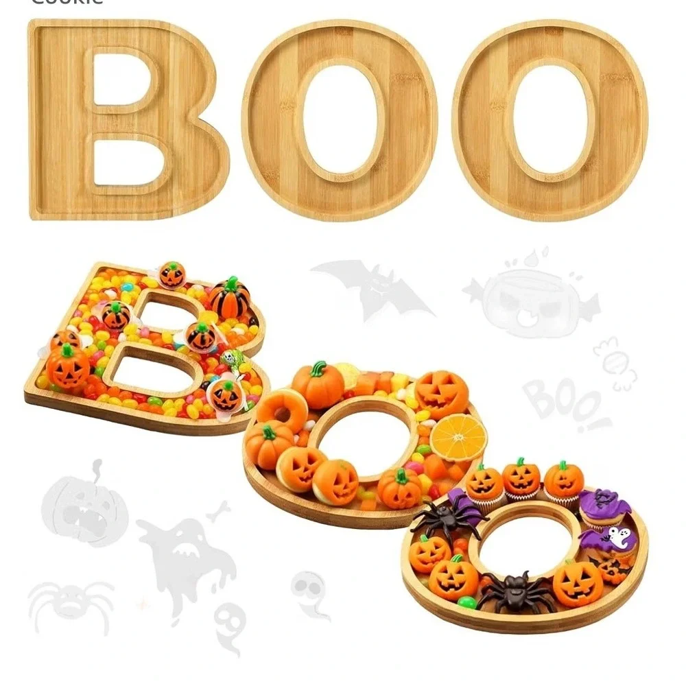 Halloween BOO Bamboo Charcuterie Board Set 3pc Large Wood Serving Trays